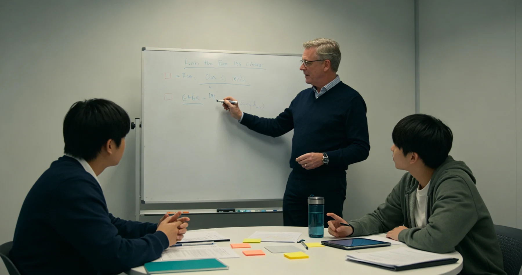 A UK educator explaining ideas to students during a small-group discussion.