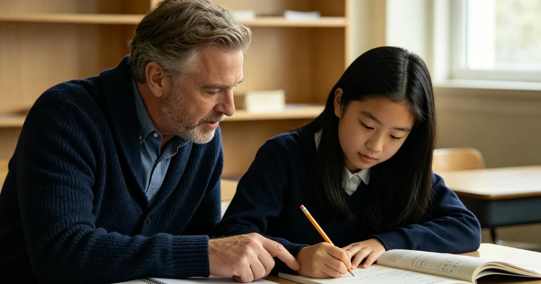 An experienced UK educator supporting a student in a calm one-to-one lesson.