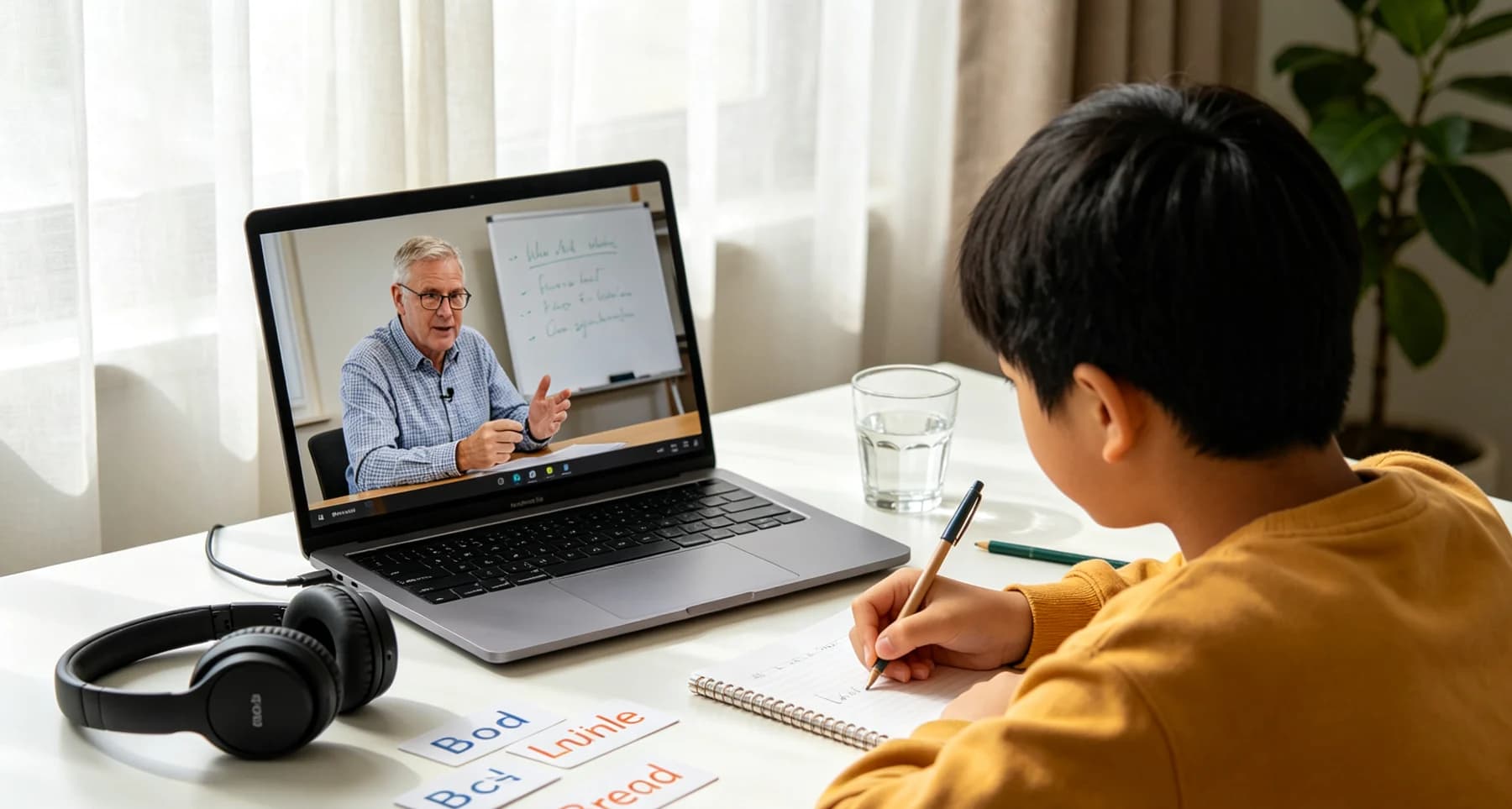 A student taking part in an online lesson with a UK educator.